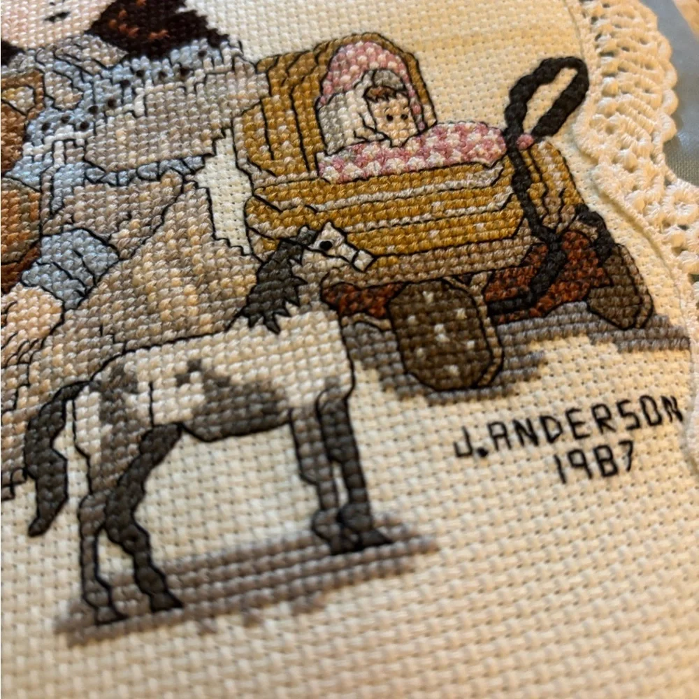 Handmade VTG Victorian Pillow Blue Cross-Stitch Doll Teddy Kitty Lace Trim - Picture 3 of 8